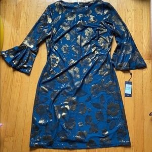 Emerald green shift dress with gold flowers